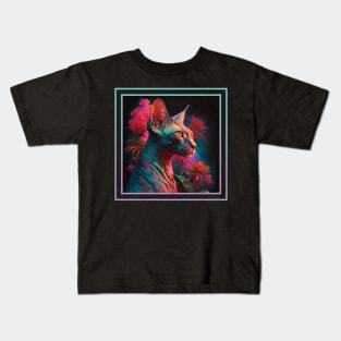 Sweet Sphynx Cat Vibrant Tropical Flower Digital Oil Painting Portrait Kids T-Shirt